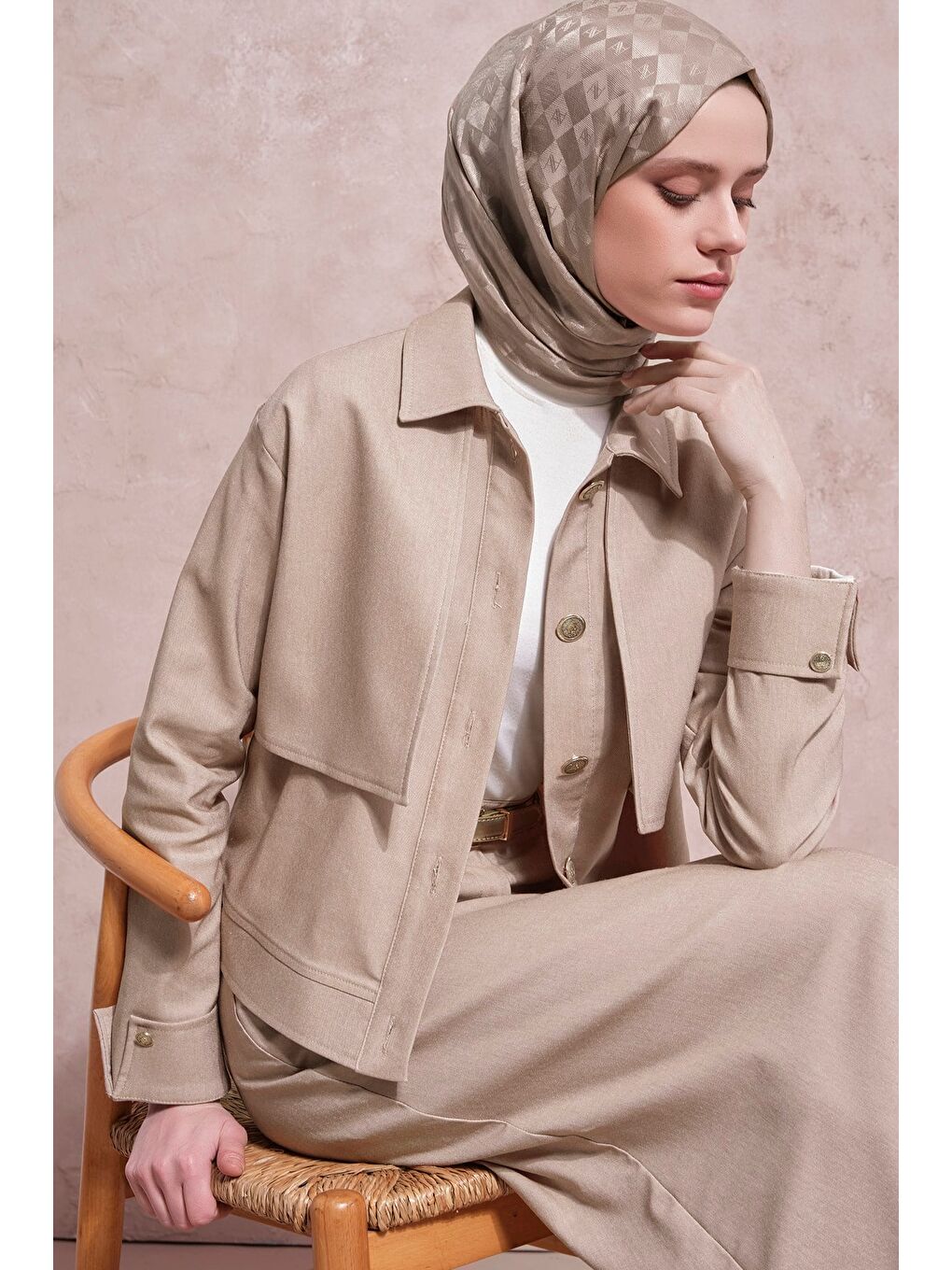 Ceketli Denim Takım Bej-3