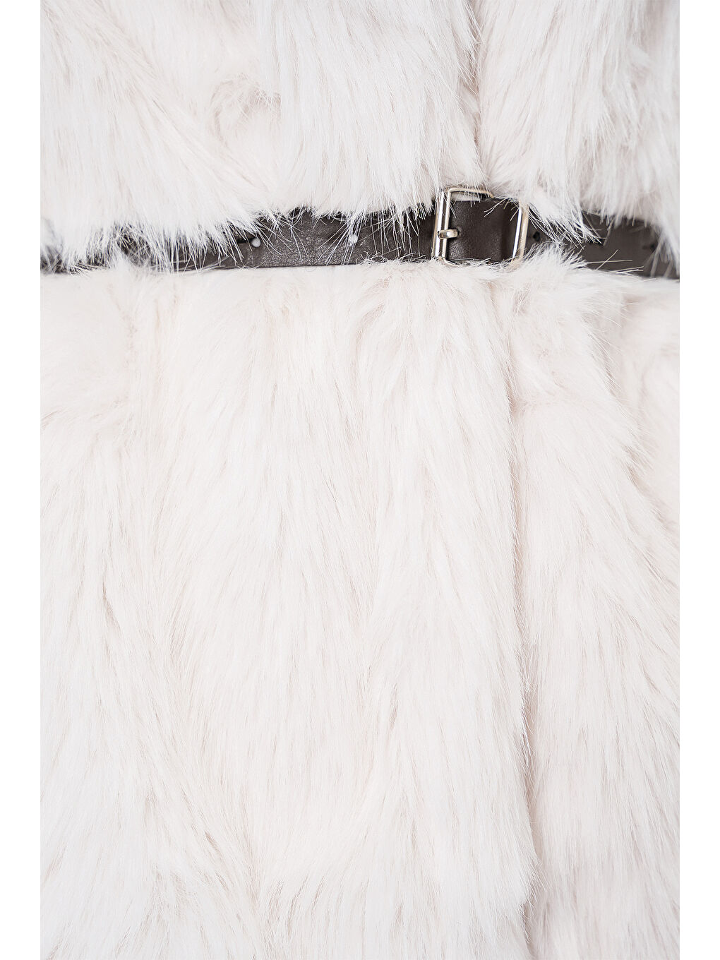 Kadın Kemerli Oversize Kürklü Kaban - Beyaz-5