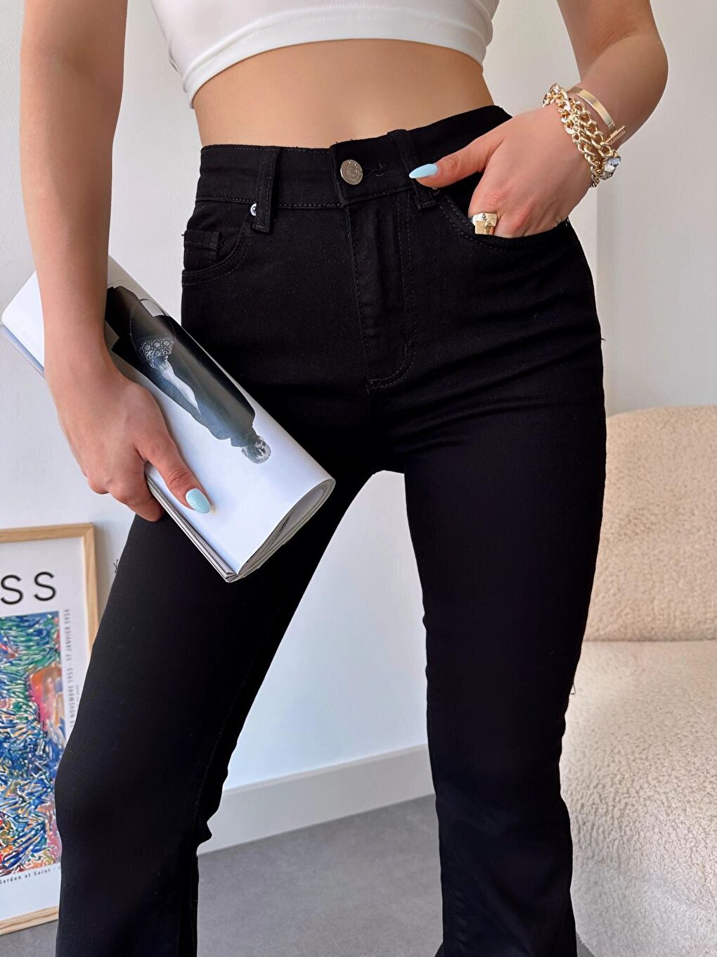 Siyah Yüksek Bel İspanyol Paça Elastanlı Jean Pantolon-3