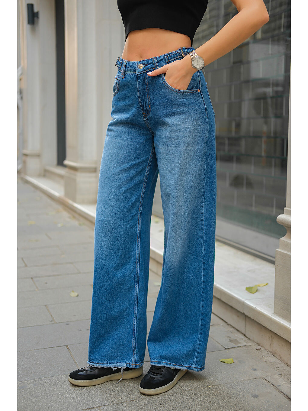 Kadın Kemer Detay Jean Pantolon Mavi-4