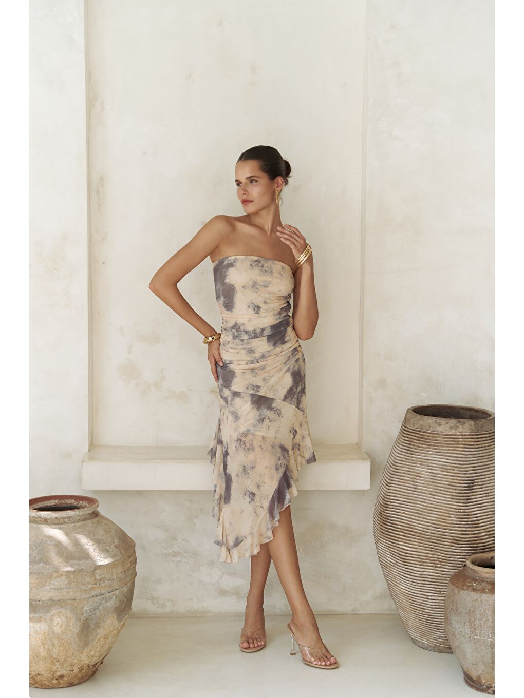 Stracnaha Drape Detaylı Sarı Straplez Elbise-1