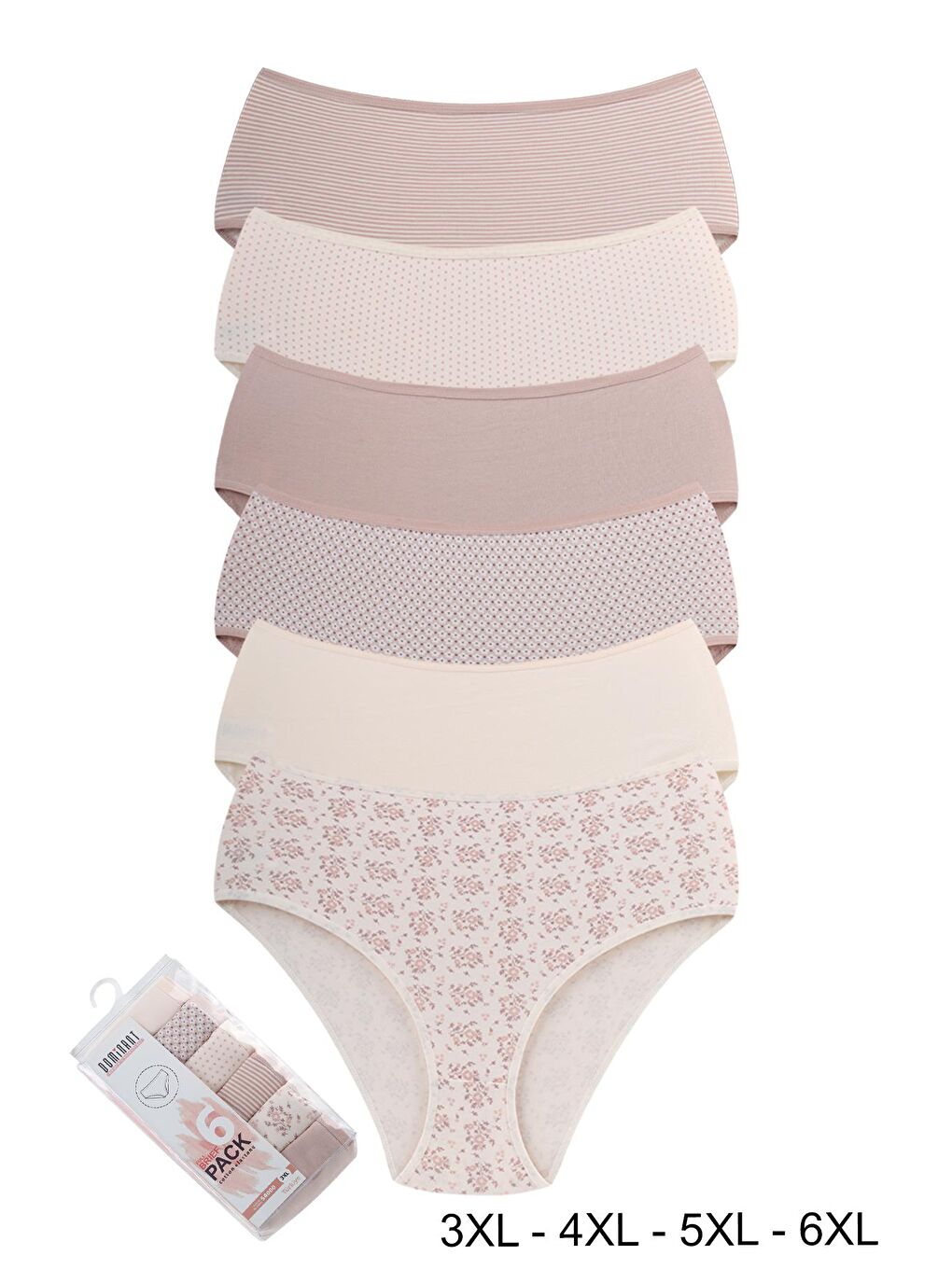 Karışık Kadın Büyük Beden Pamuklu Yüksek Bel Külot 6'lı Paket