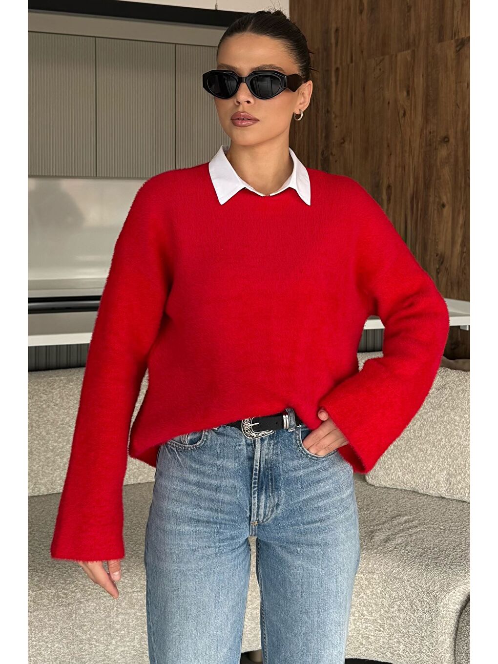 Kırmızı Salaş Sakallı Triko Kazak (s,m,l,xl Uyumludur)