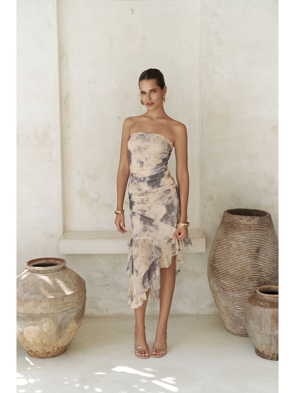 Stracnaha Drape Detaylı Sarı Straplez Elbise-2