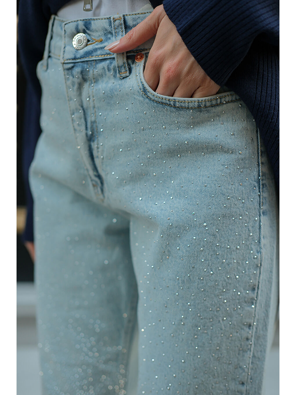 Kadın Taşlı Jean Pantolon Buz Mavi-1