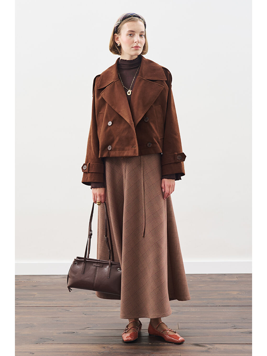 Ekose Desenli Geniş Etek Bordo-1