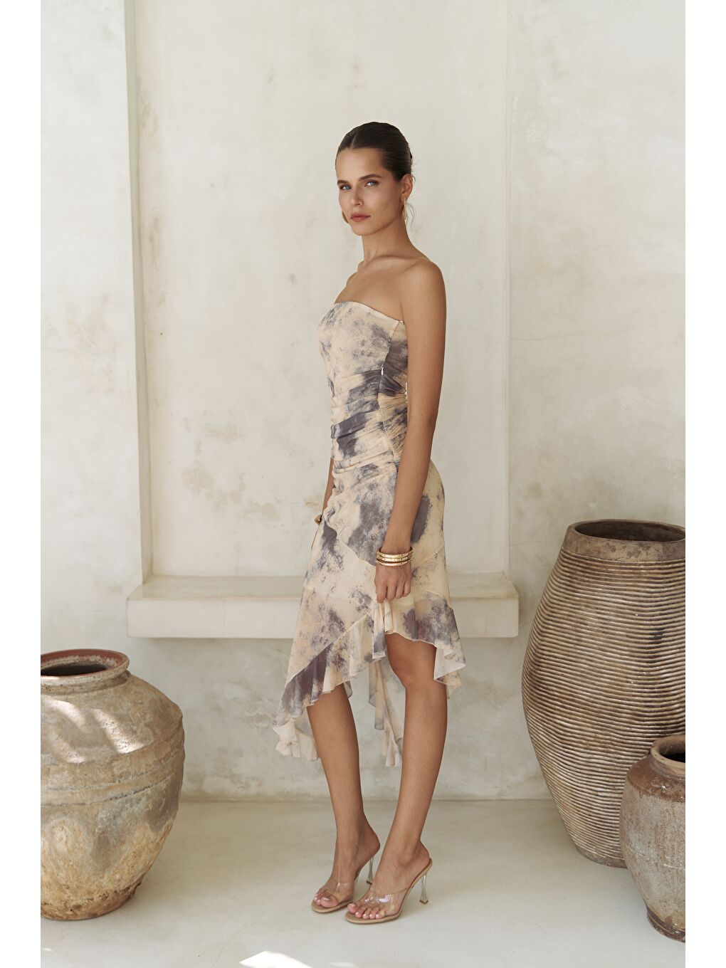 Stracnaha Drape Detaylı Sarı Straplez Elbise-3