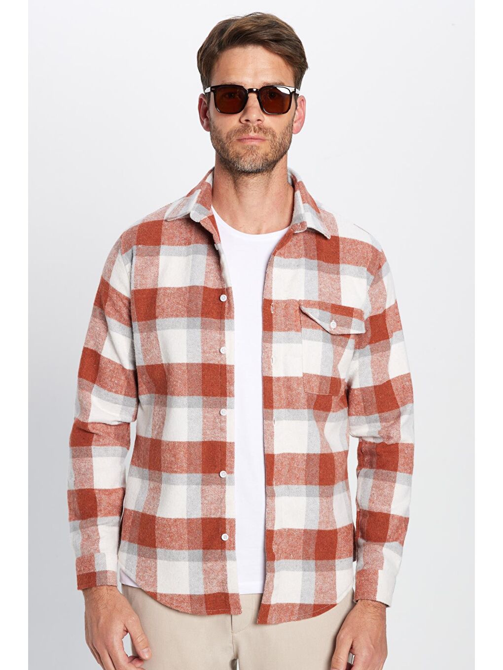 Karışık Erkek Slim Fit Dar Kesim Oduncu Tek Cepli Kareli Kışlık Gömlek-3