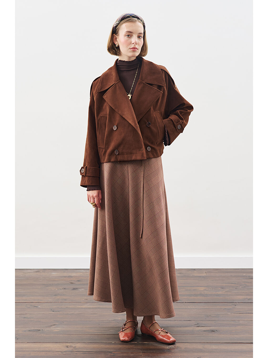 Ekose Desenli Geniş Etek Bordo-2