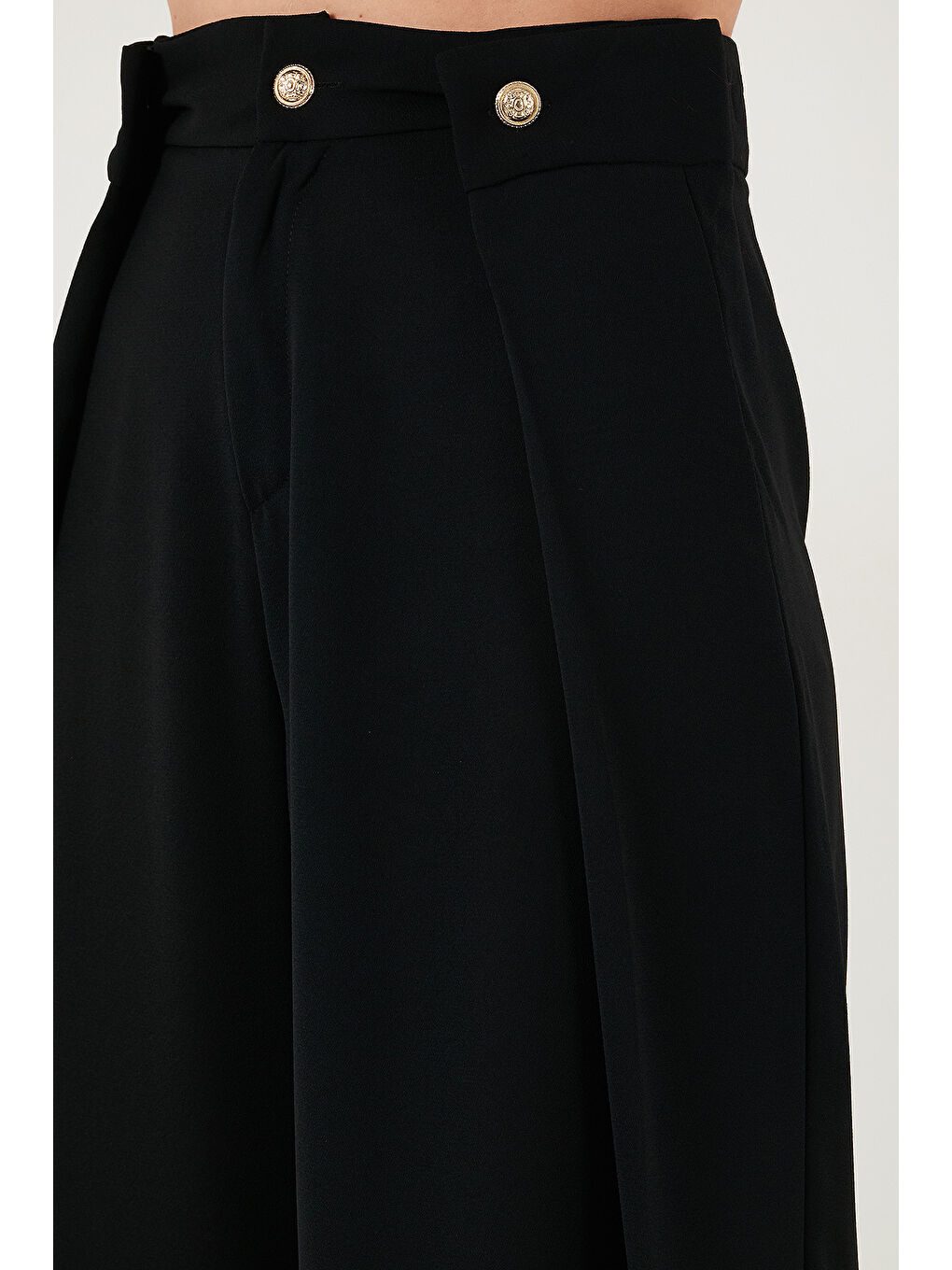 Siyah Düğmeli Pile Detaylı Wide Leg Yüksek Bel Geniş Paça Pantolon 68351133-4