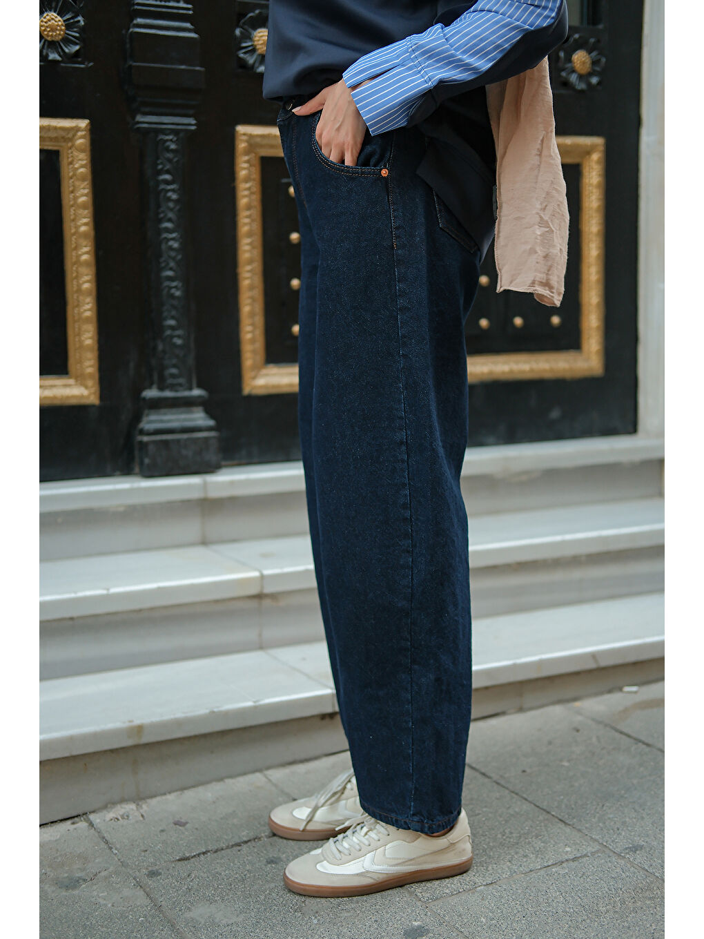 Kadın İp Kemerli Jean Pantolon Mavi-1