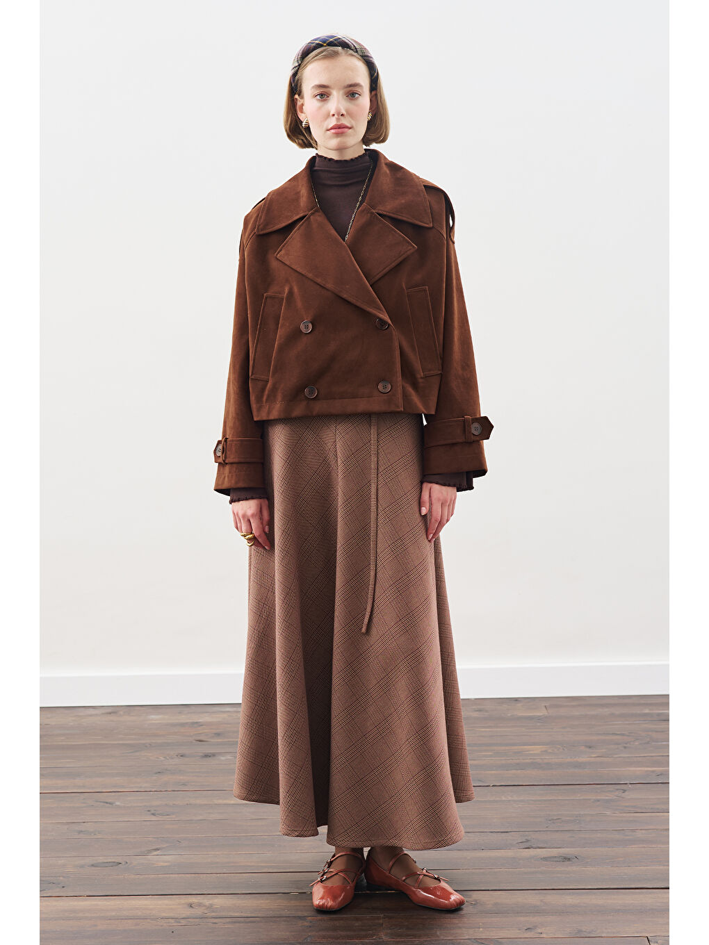 Ekose Desenli Geniş Etek Bordo-3