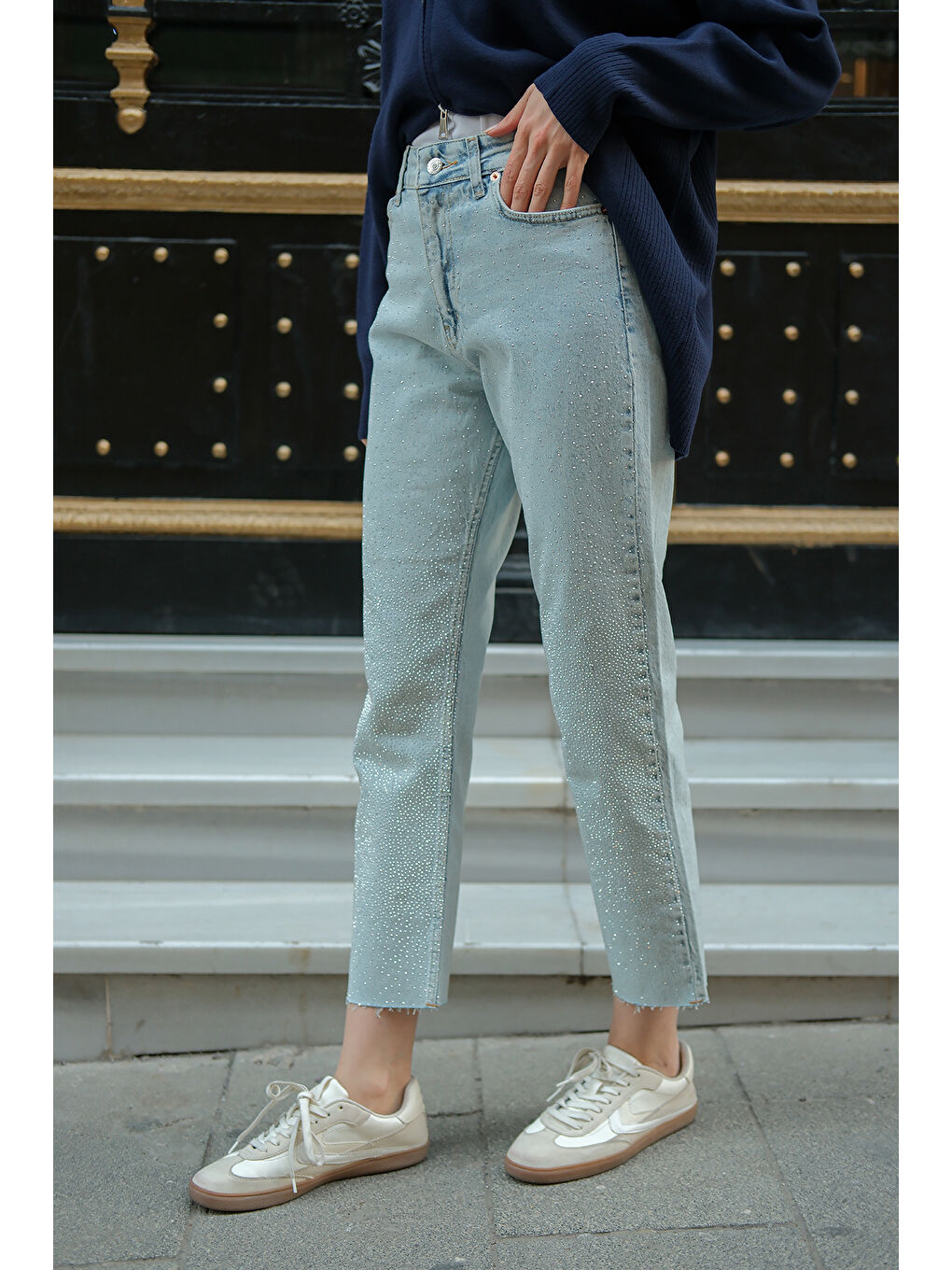 Kadın Taşlı Jean Pantolon Buz Mavi-2