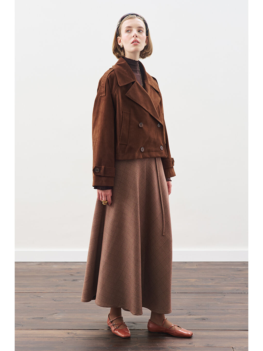 Ekose Desenli Geniş Etek Bordo-4