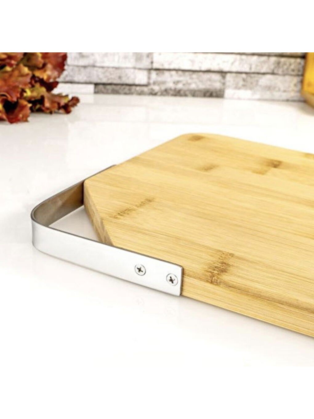 Zoe Paslanmaz Çelik Kulplu Dikdörtgen Kesme Tahtası - Açık Kahverengi - 38 cm-1