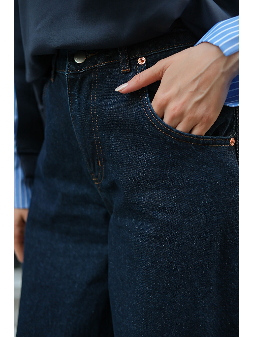 Kadın İp Kemerli Jean Pantolon Mavi-2