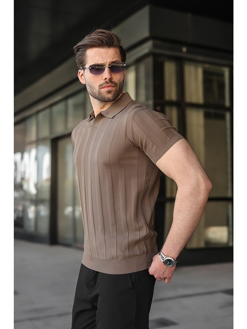 Açık Kahverengi Slim Fit Polo Yaka Triko Erkek Tişört E7491