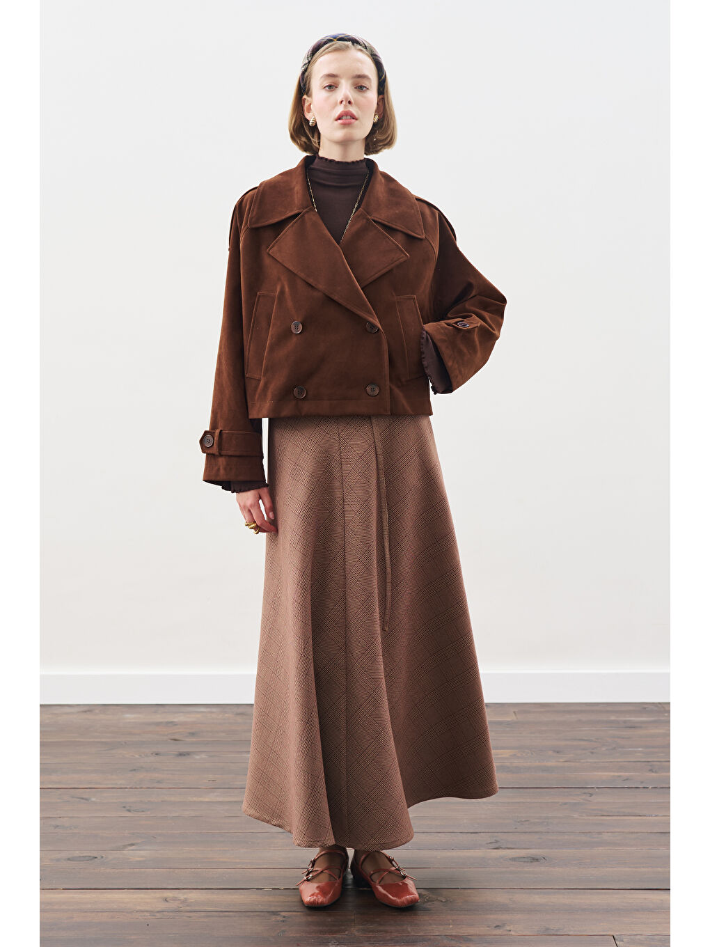 Ekose Desenli Geniş Etek Bordo-5