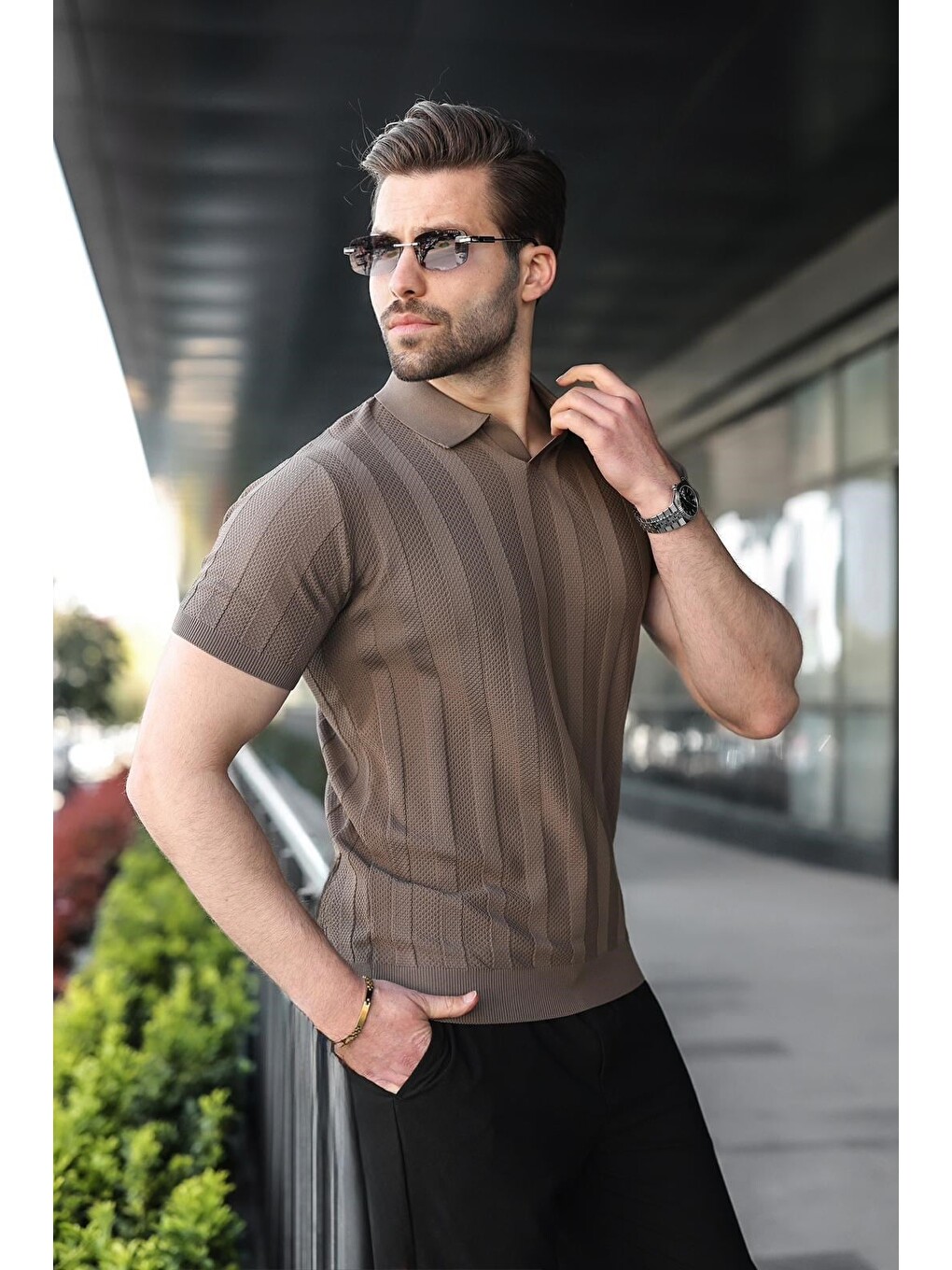 Açık Kahverengi Slim Fit Polo Yaka Triko Erkek Tişört E7491-1