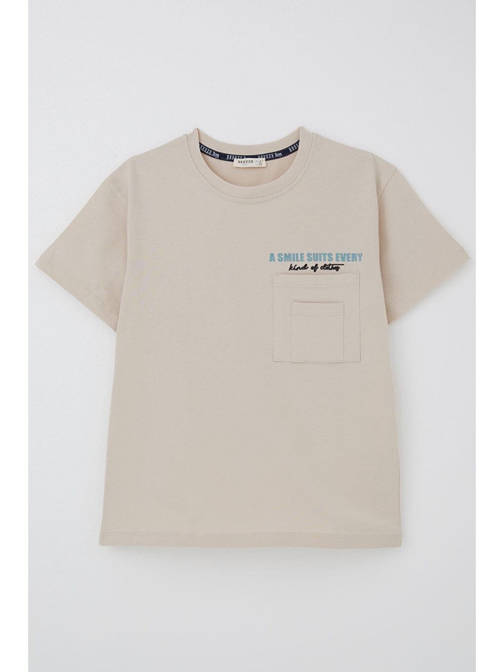 Erkek Çocuk Tişört Çift Cep Detaylı Kabartma Yazı Baskılı Bej (8-12 Yaş)