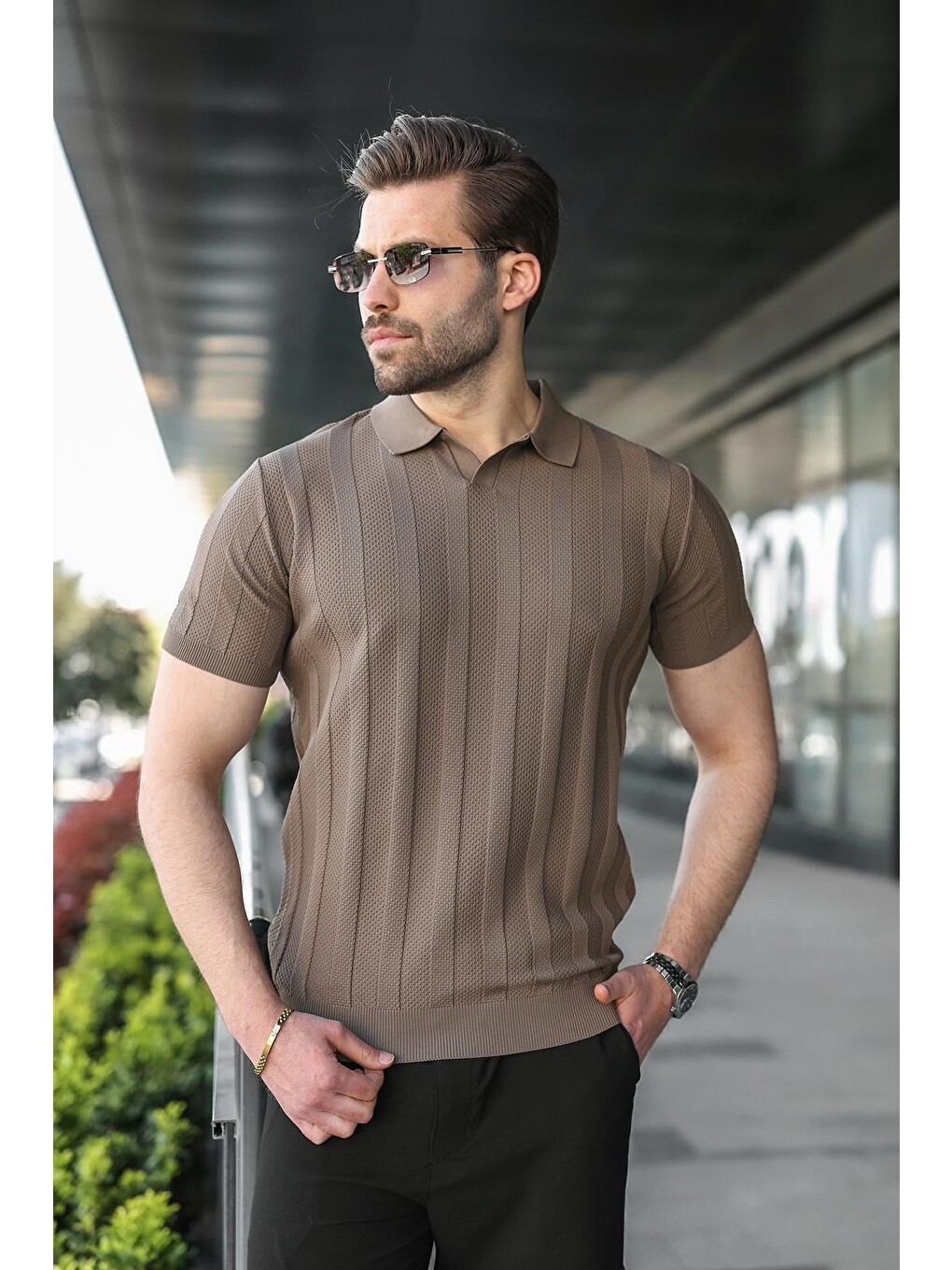 Açık Kahverengi Slim Fit Polo Yaka Triko Erkek Tişört E7491-2