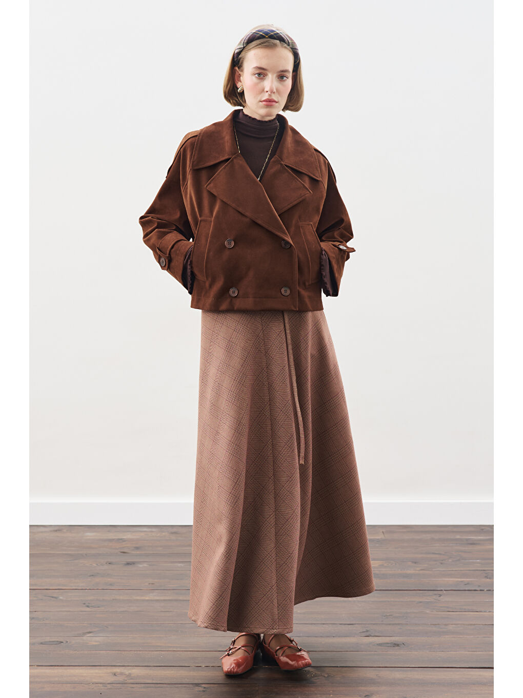 Ekose Desenli Geniş Etek Bordo-6