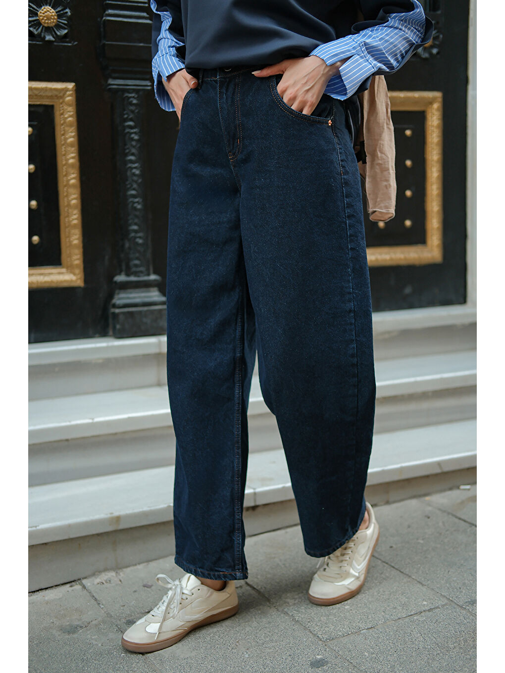 Kadın İp Kemerli Jean Pantolon Mavi-3