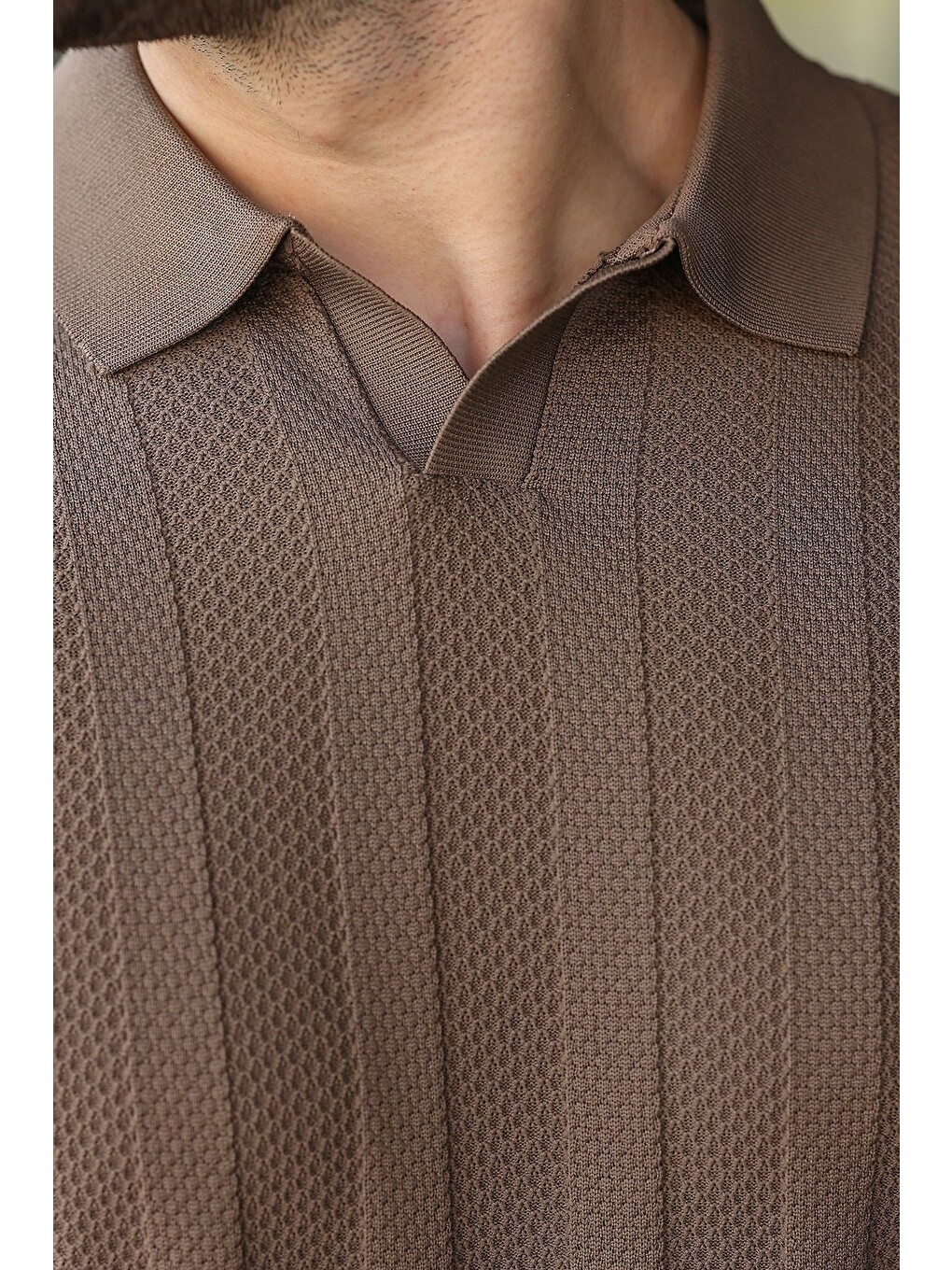 Açık Kahverengi Slim Fit Polo Yaka Triko Erkek Tişört E7491-3