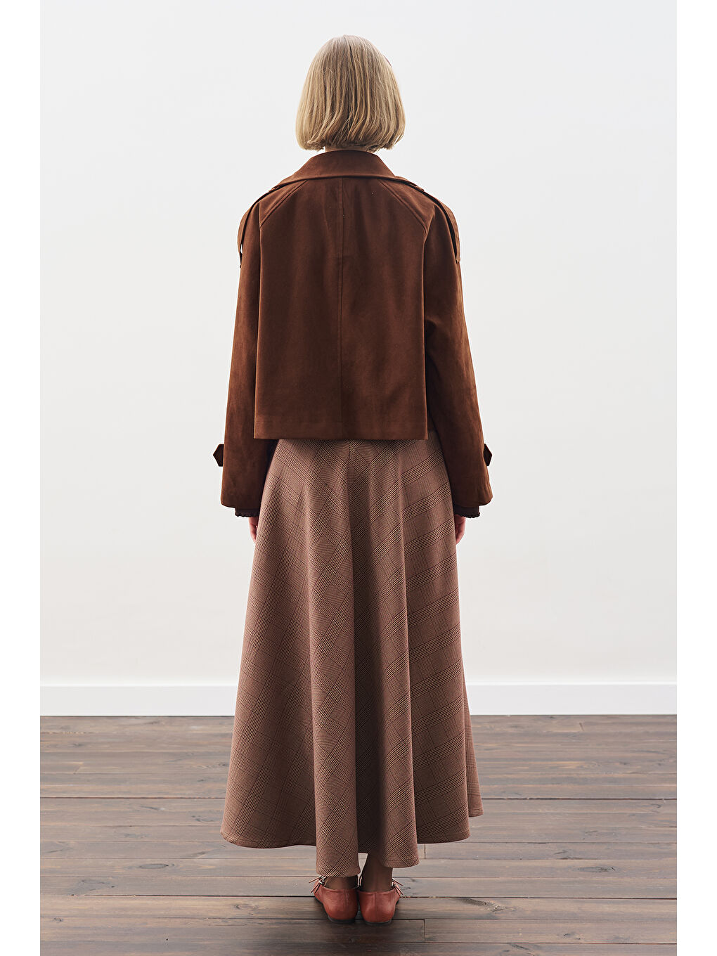 Ekose Desenli Geniş Etek Bordo-7