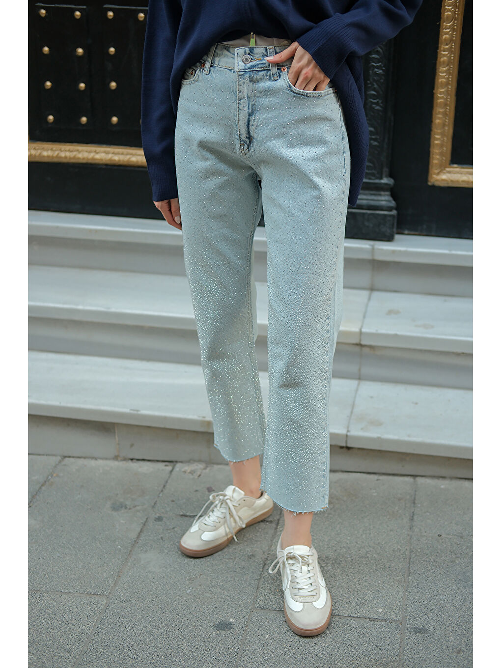 Kadın Taşlı Jean Pantolon Buz Mavi-3