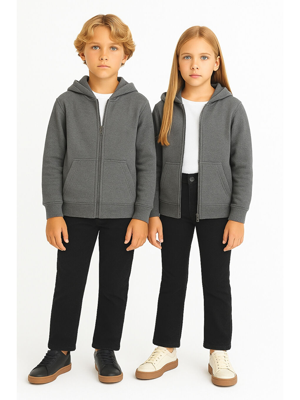 Antrasit Kız - Erkek Çocuk Basic Fermuarlı Kalın 3 İplik Kışlık Okul Sweat Ak1815