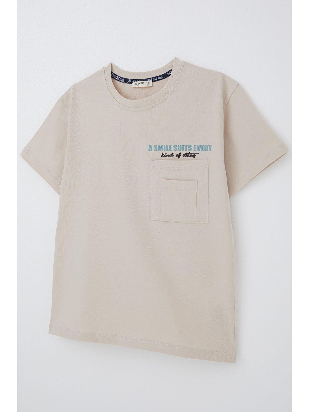 Erkek Çocuk Tişört Çift Cep Detaylı Kabartma Yazı Baskılı Bej (8-12 Yaş)-2