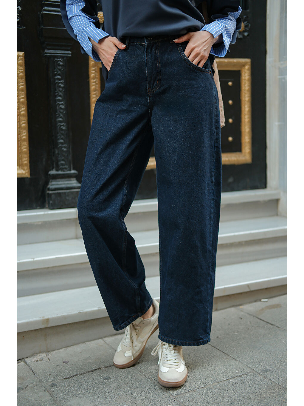 Kadın İp Kemerli Jean Pantolon Mavi-4