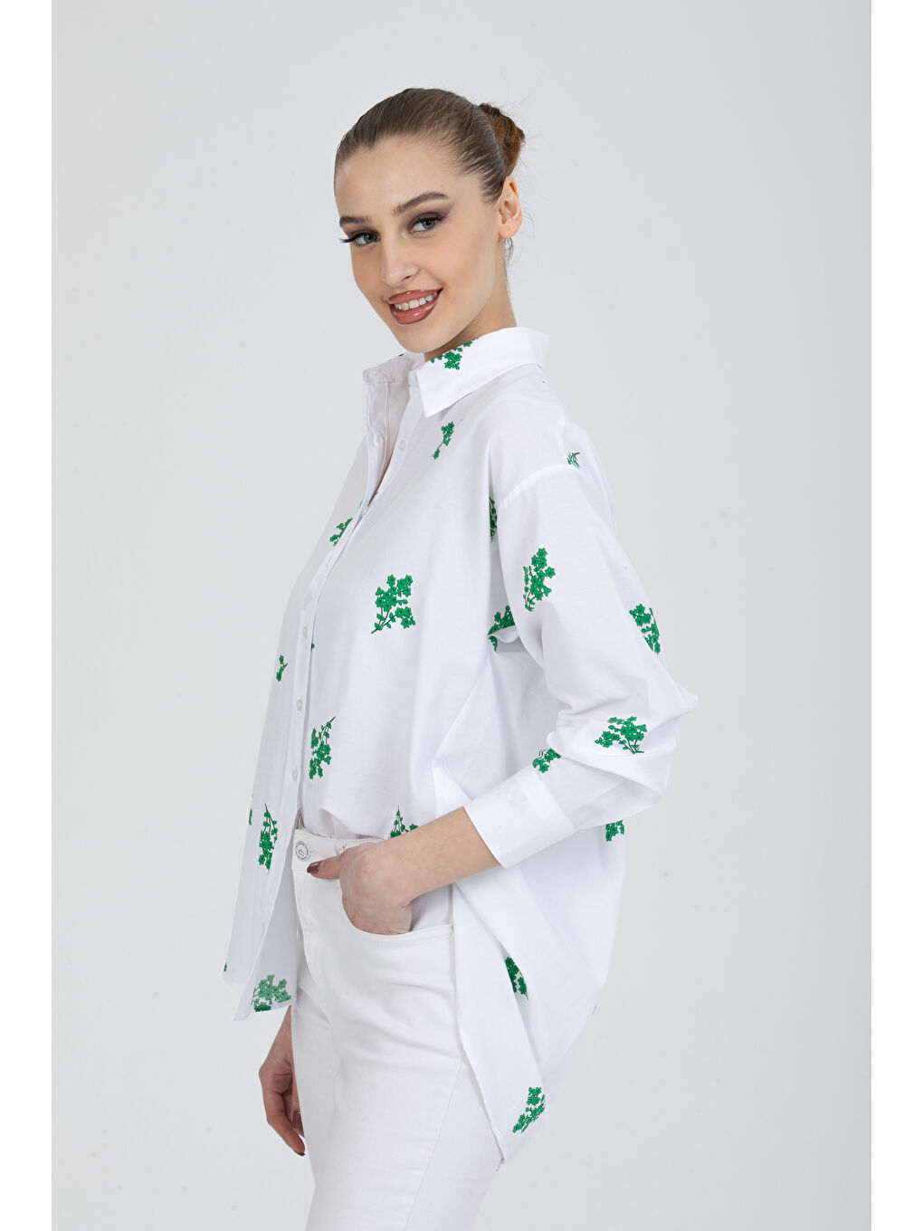 Yeşil Çiçek Baskılı Oversize Gömlek