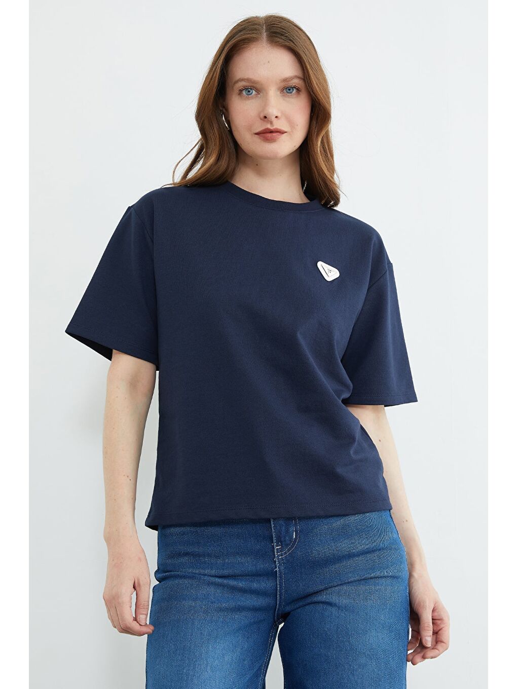 Lacivert Metal Aksesuarlı Bisiklet Yaka Tişört-1