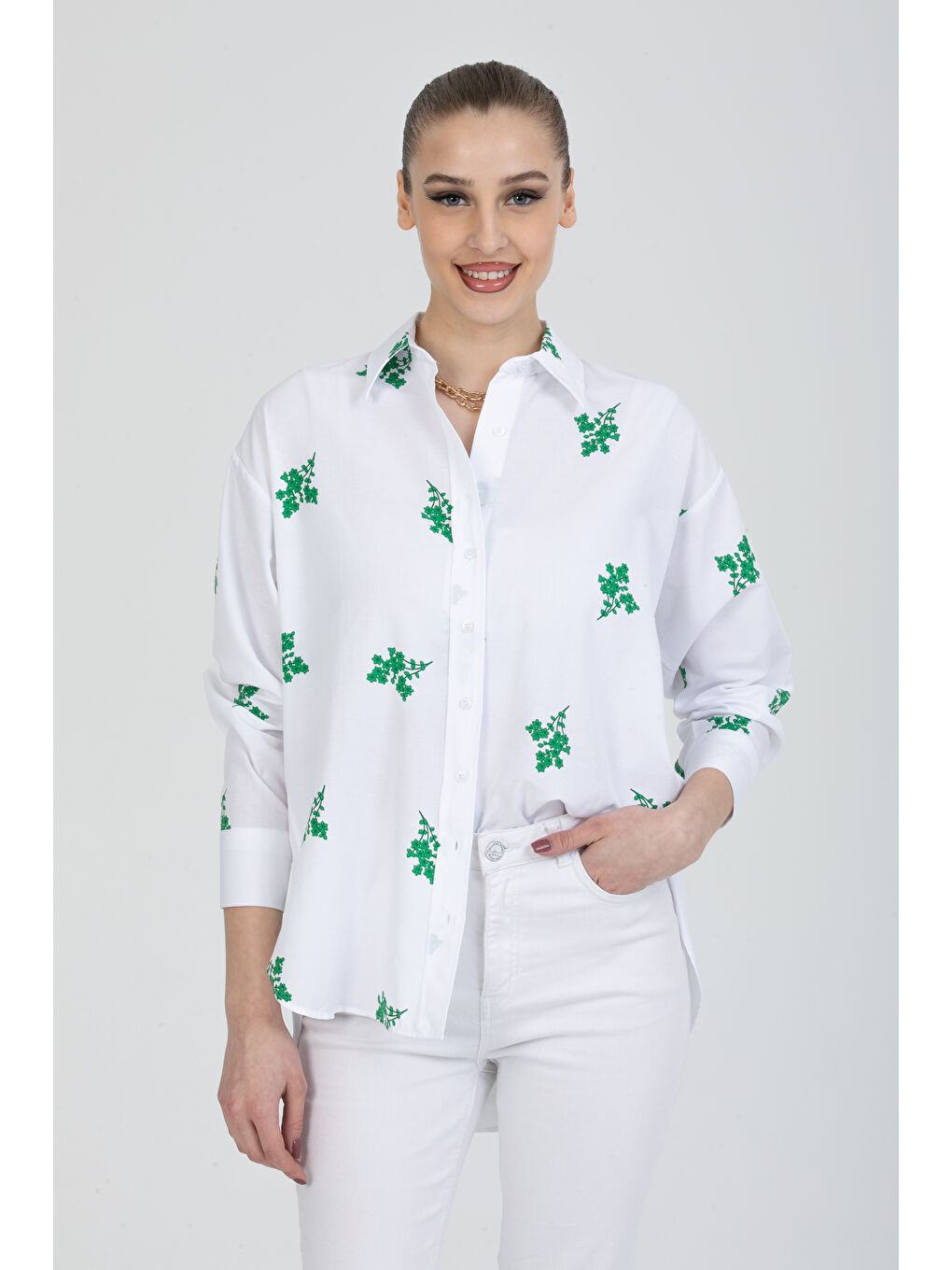 Yeşil Çiçek Baskılı Oversize Gömlek-1