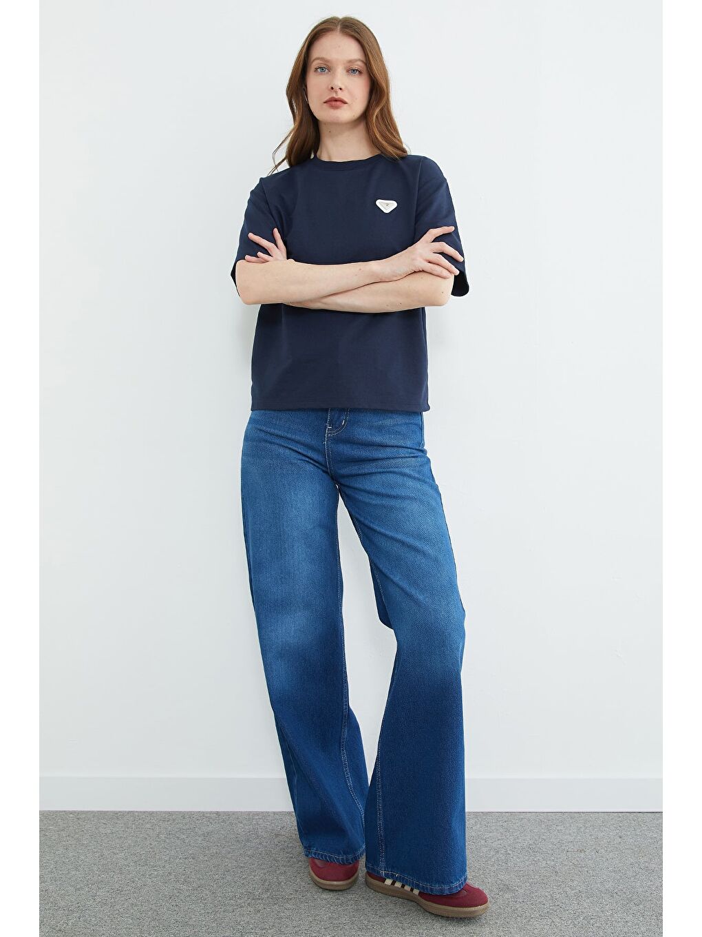 Lacivert Metal Aksesuarlı Bisiklet Yaka Tişört-2