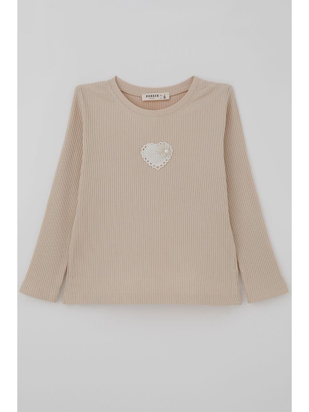 Kız Çocuk Uzun Kollu Tişört İncili Kalp Arma Detaylı Bej (3-7 Yaş)