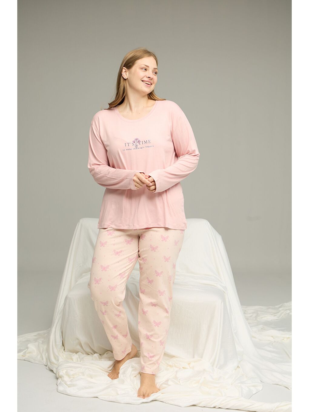 Pembe Pudra Desenli Curve Büyük Beden Battal Boy Pamuklu Pijama Takım25240803-1