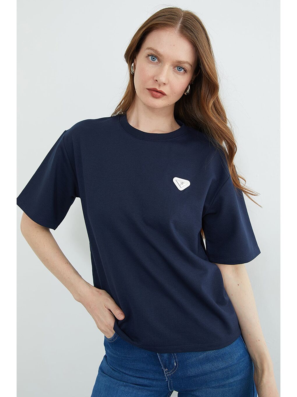 Lacivert Metal Aksesuarlı Bisiklet Yaka Tişört-4