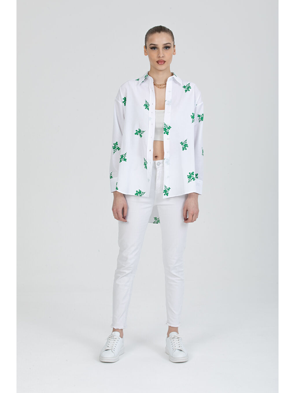 Yeşil Çiçek Baskılı Oversize Gömlek-3