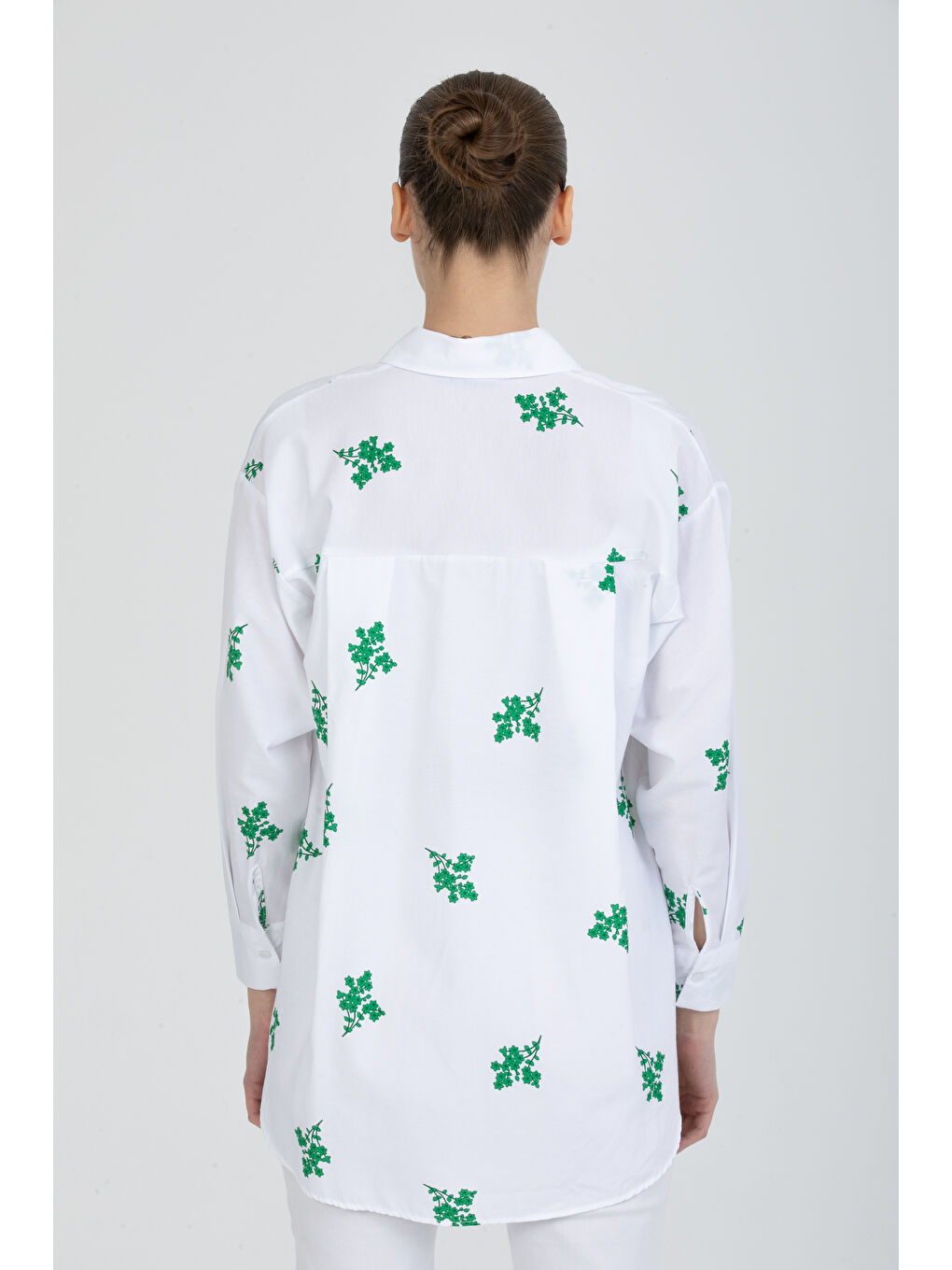 Yeşil Çiçek Baskılı Oversize Gömlek-4