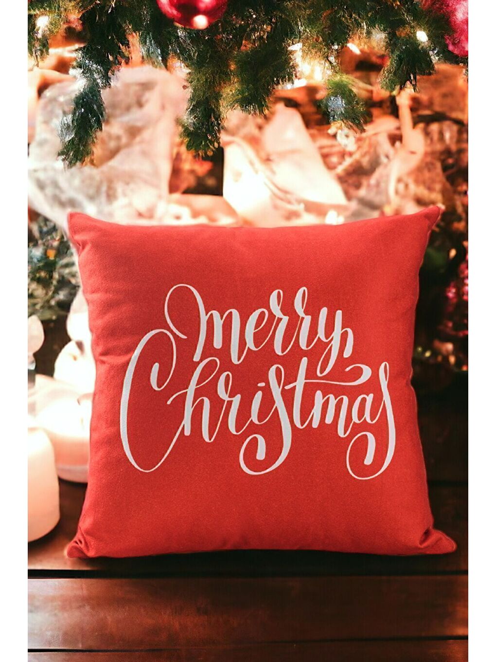 Yılbaşı Temalı "Merry Christmas" Beyaz Yazı Baskılı Kırlent Kılıfı - Kırmızı 43x43