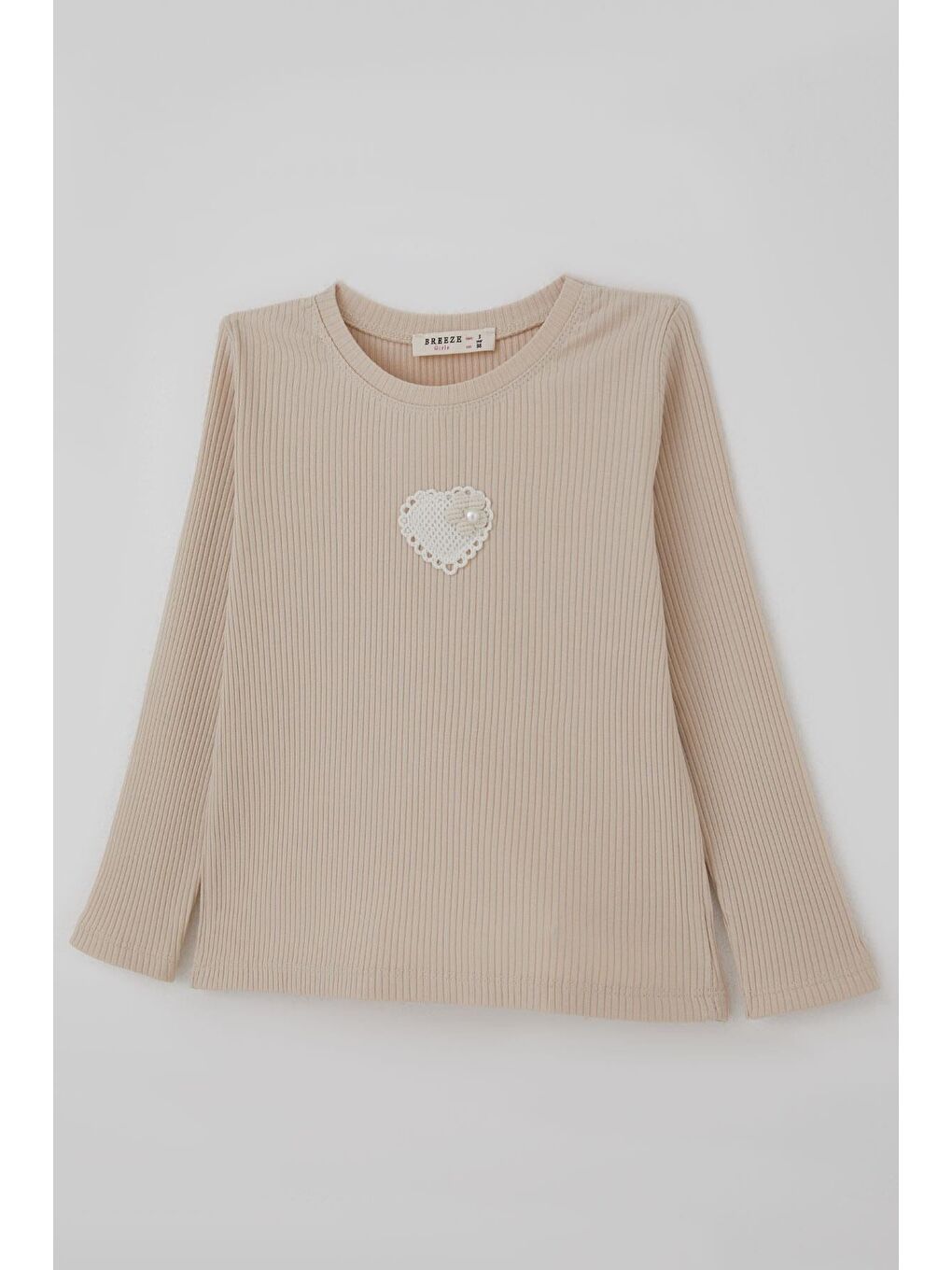 Kız Çocuk Uzun Kollu Tişört İncili Kalp Arma Detaylı Bej (3-7 Yaş)-2
