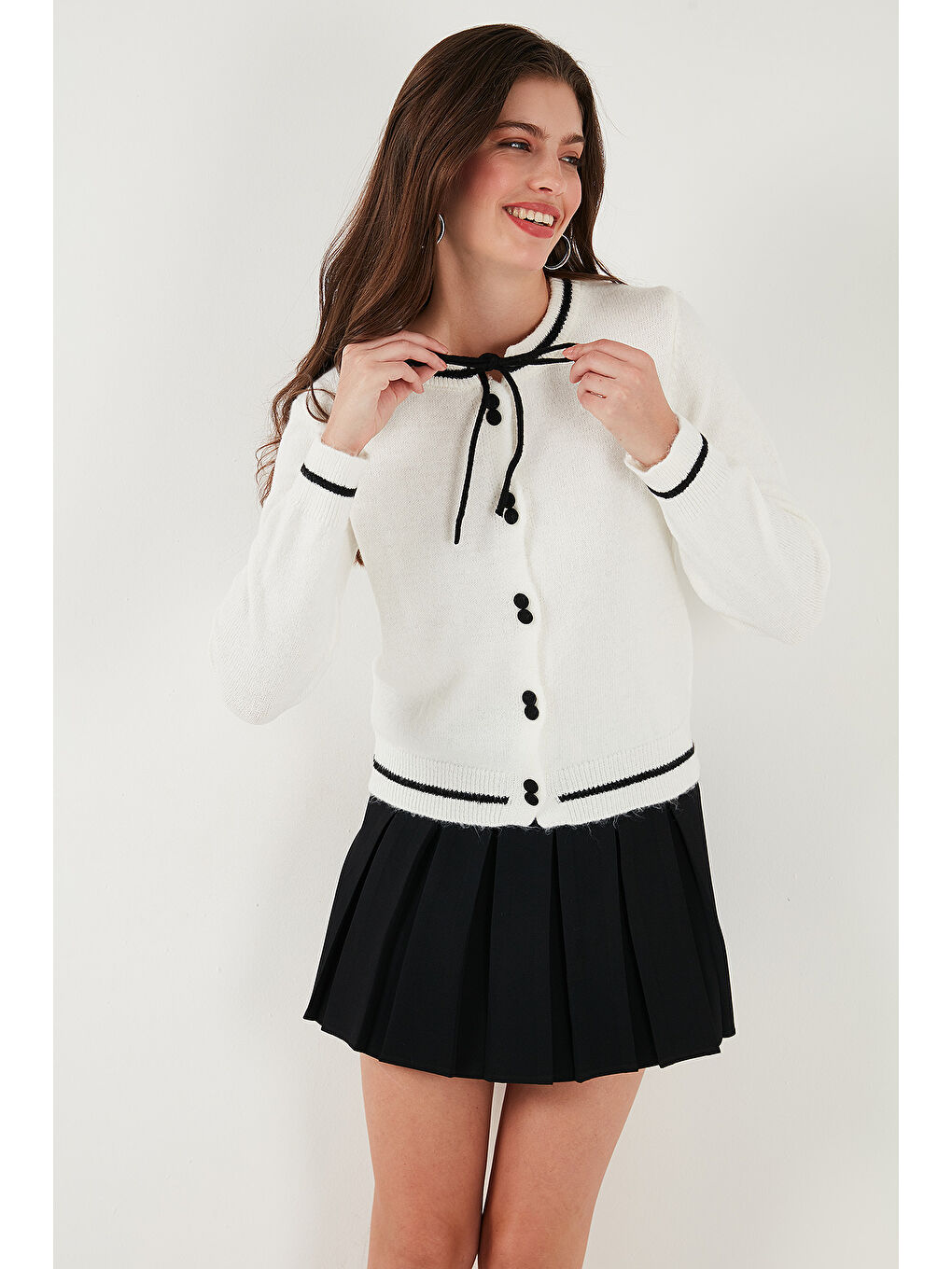 Ekru Premium Fitted Fit Bağlamalı Yaka Düğmeli Triko Hırka 680HI002408-4