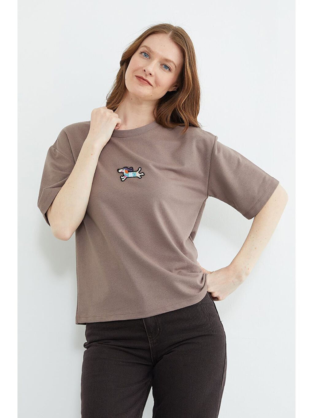 Kahverengi Köpek Nakışlı Bisiklet Yaka Salaş Tişört-2