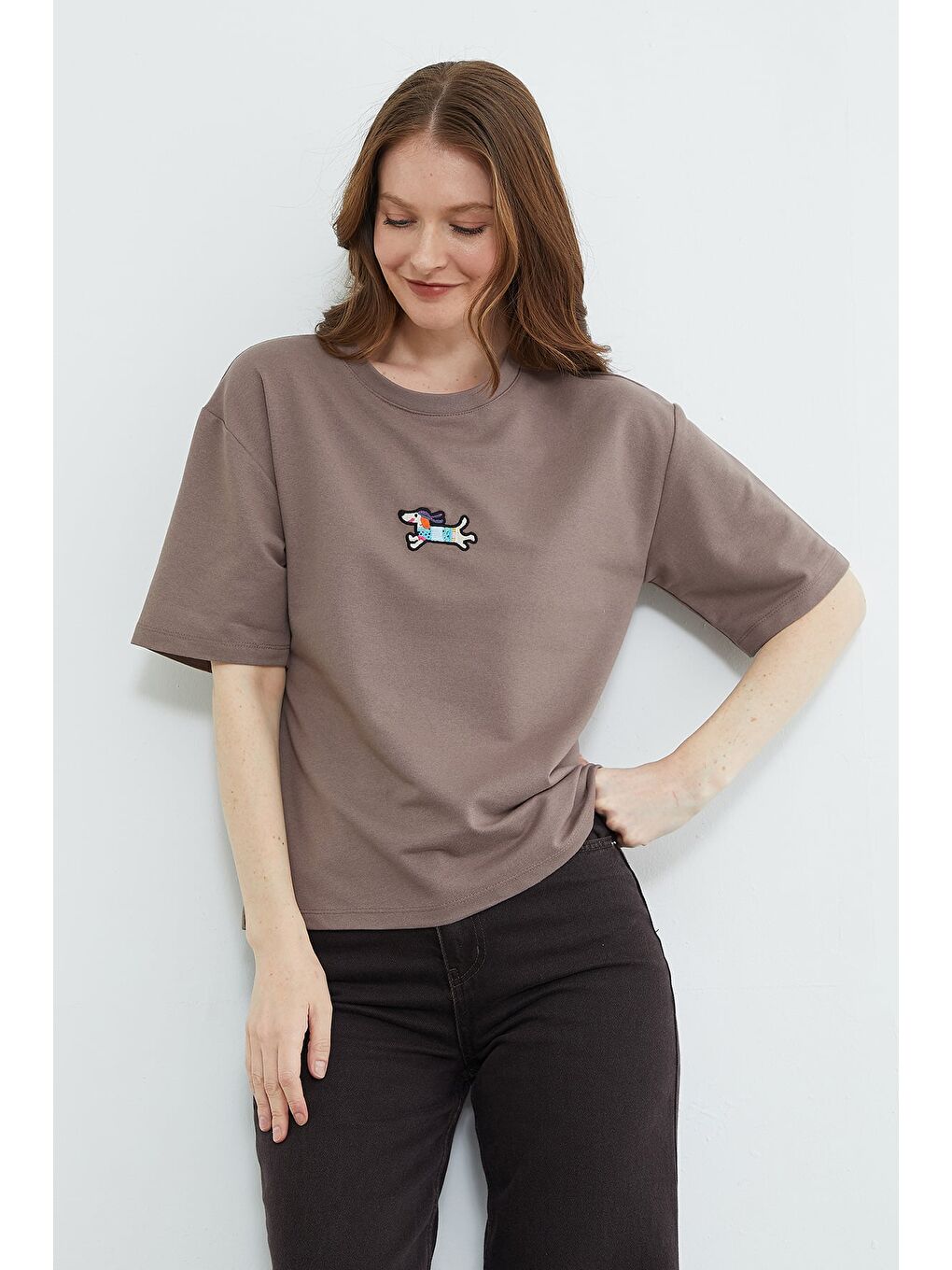 Kahverengi Köpek Nakışlı Bisiklet Yaka Salaş Tişört-3