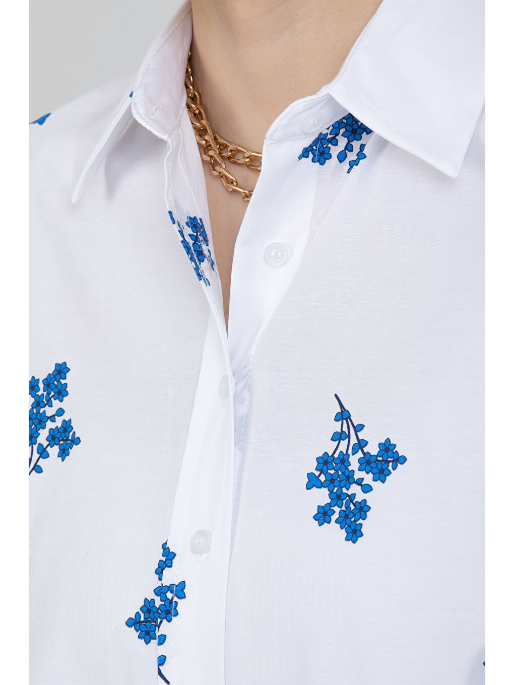 Mavi Çiçek Baskılı Oversize Gömlek-3