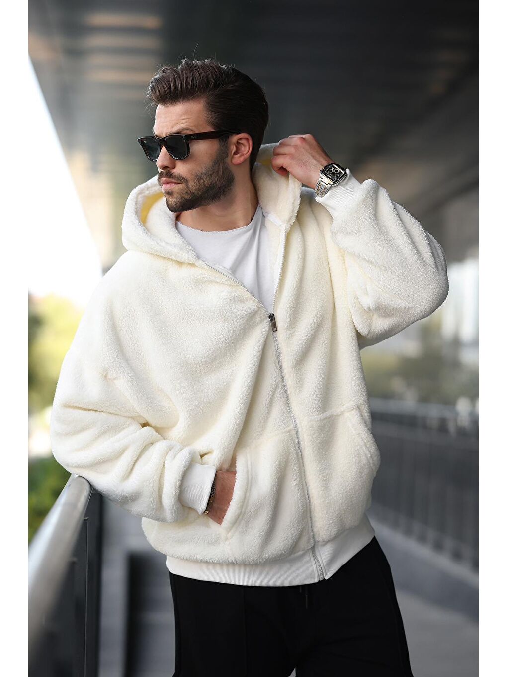 Ekru Pelüş Over Fit Kapüşonlu  Erkek Fermuarlı Sweatshirt 6049-1
