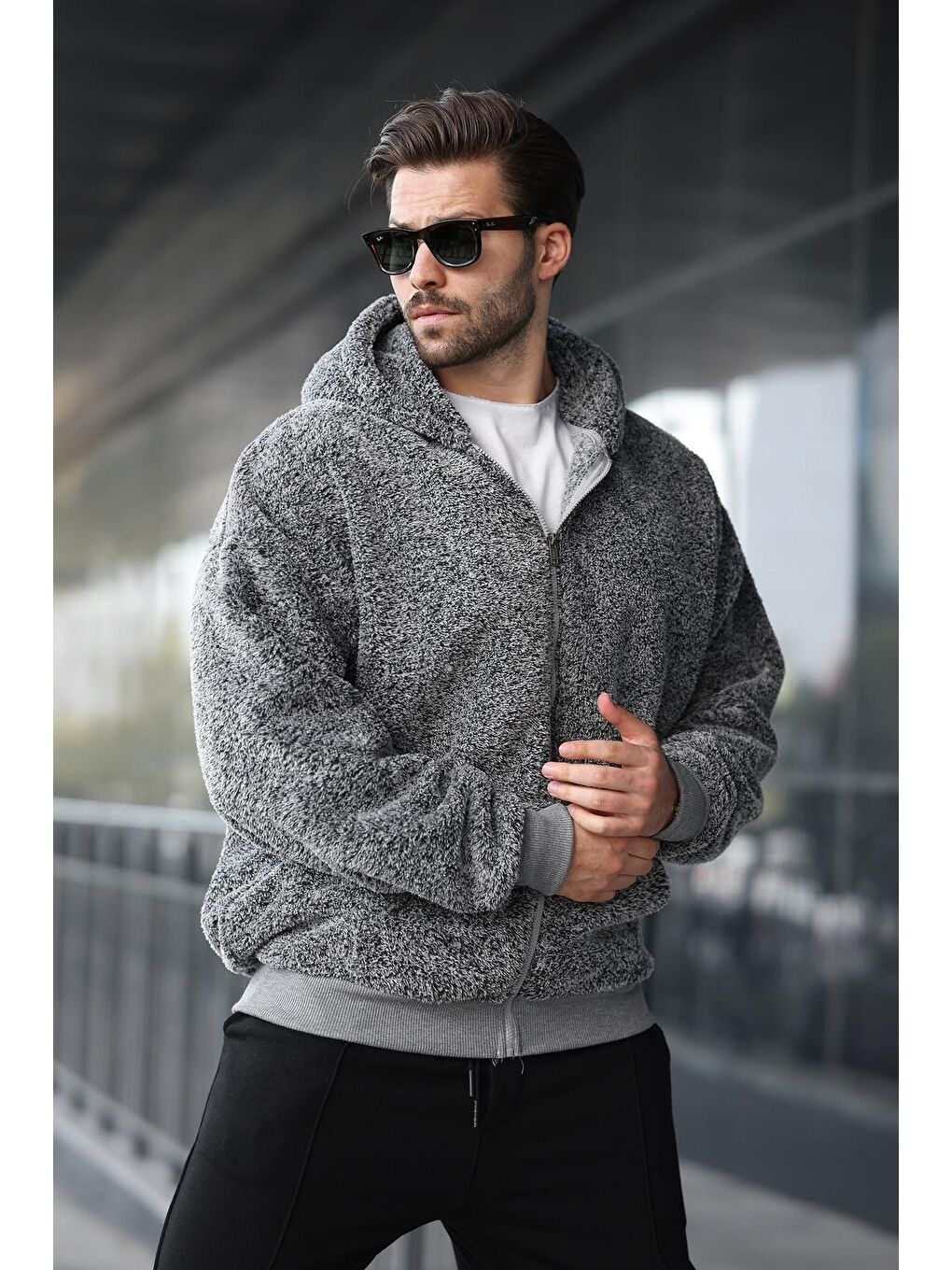 Gri Pelüş Over Fit Kapüşonlu  Erkek Fermuarlı Sweatshirt 6049-1